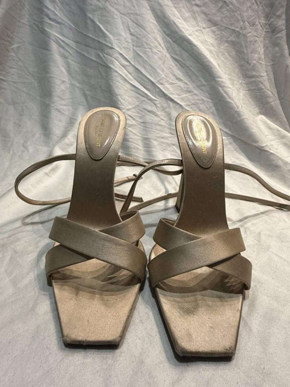 Saint Laurent Lydia 110 Nude Satin Ankle Wrap Sandal Heels EU 38 US 8 - Picture 2 of 12